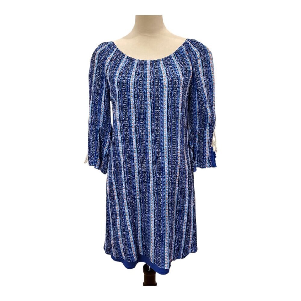 CHARMING CHARLIE Dress Blue Striped Geometric Print 3/4 Sleeve Dress